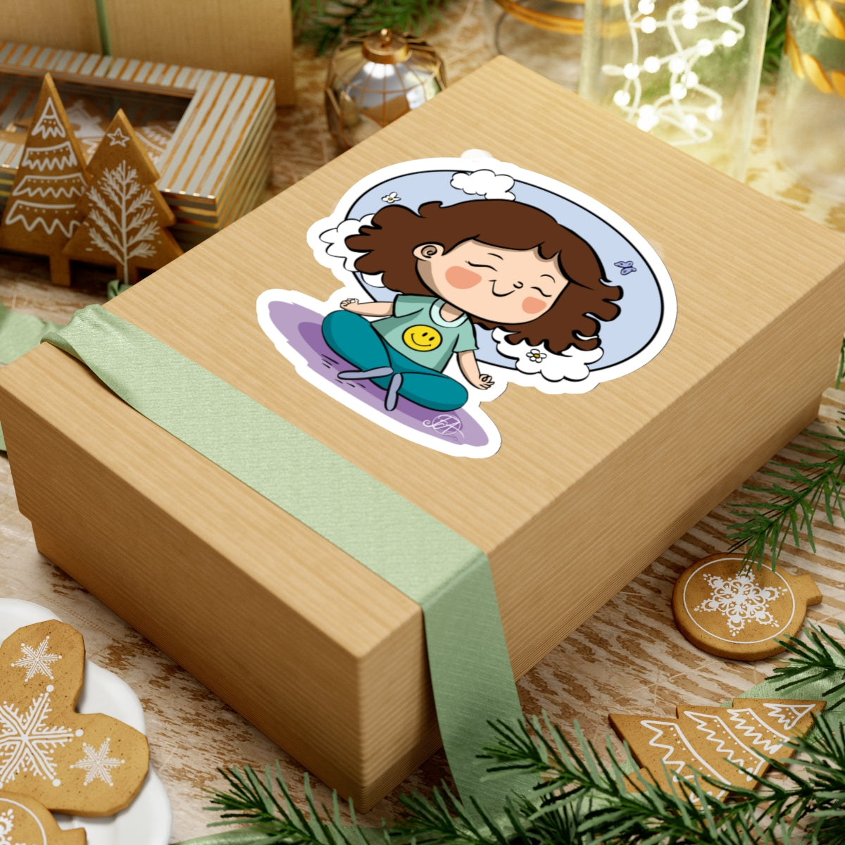 Mindful Meditation Sticker - Happy Little Girl Meditating with a smiley t-shirt