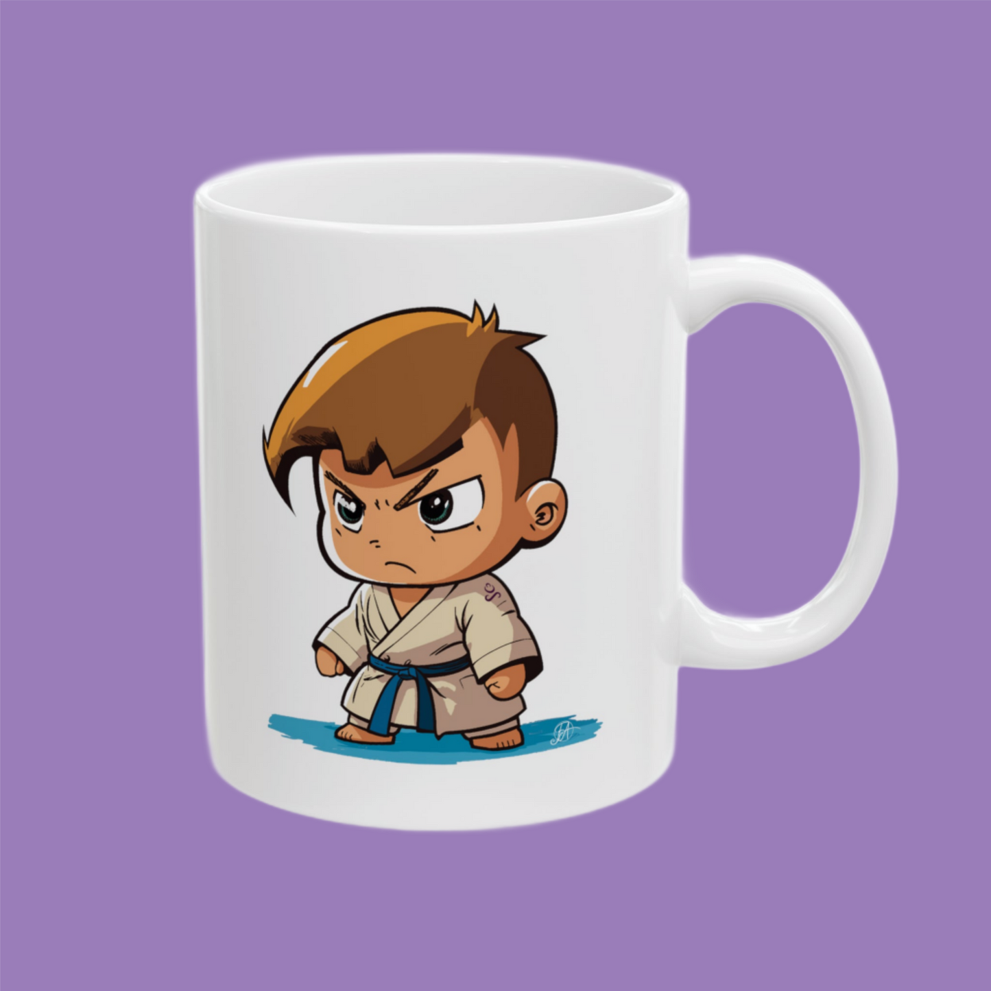 White Ceramic Mug - JUDO Cute Little Cartoon Kid - Blue Belt - Ideal Gift for Martial Arts Lovers & Dojo Masters - Brown hair Judoka