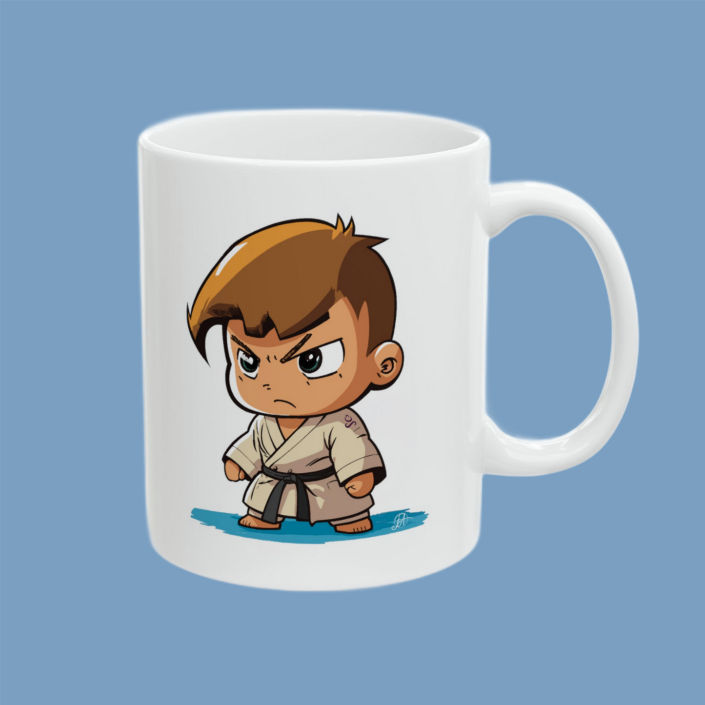 White Ceramic Mug - JUDO Cute Little Cartoon Kid - Black Belt - Ideal Gift for Martial Arts Lovers & Dojo Masters - Brown hair Judoka