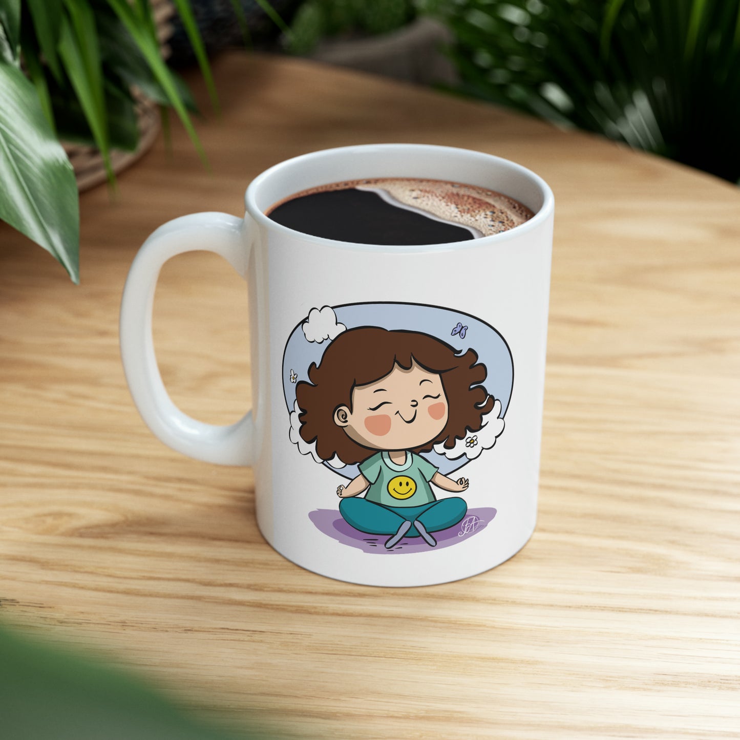 Just Sip & Relax Ceramic Mug - Cute Little Cartoon Girl Meditating with a Smiley T-shirt